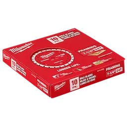 Red box of 10 Milwaukee 7-1/4" 24T Framing Circular Saw Blades. The packaging displays "Longer Life" and blade images.