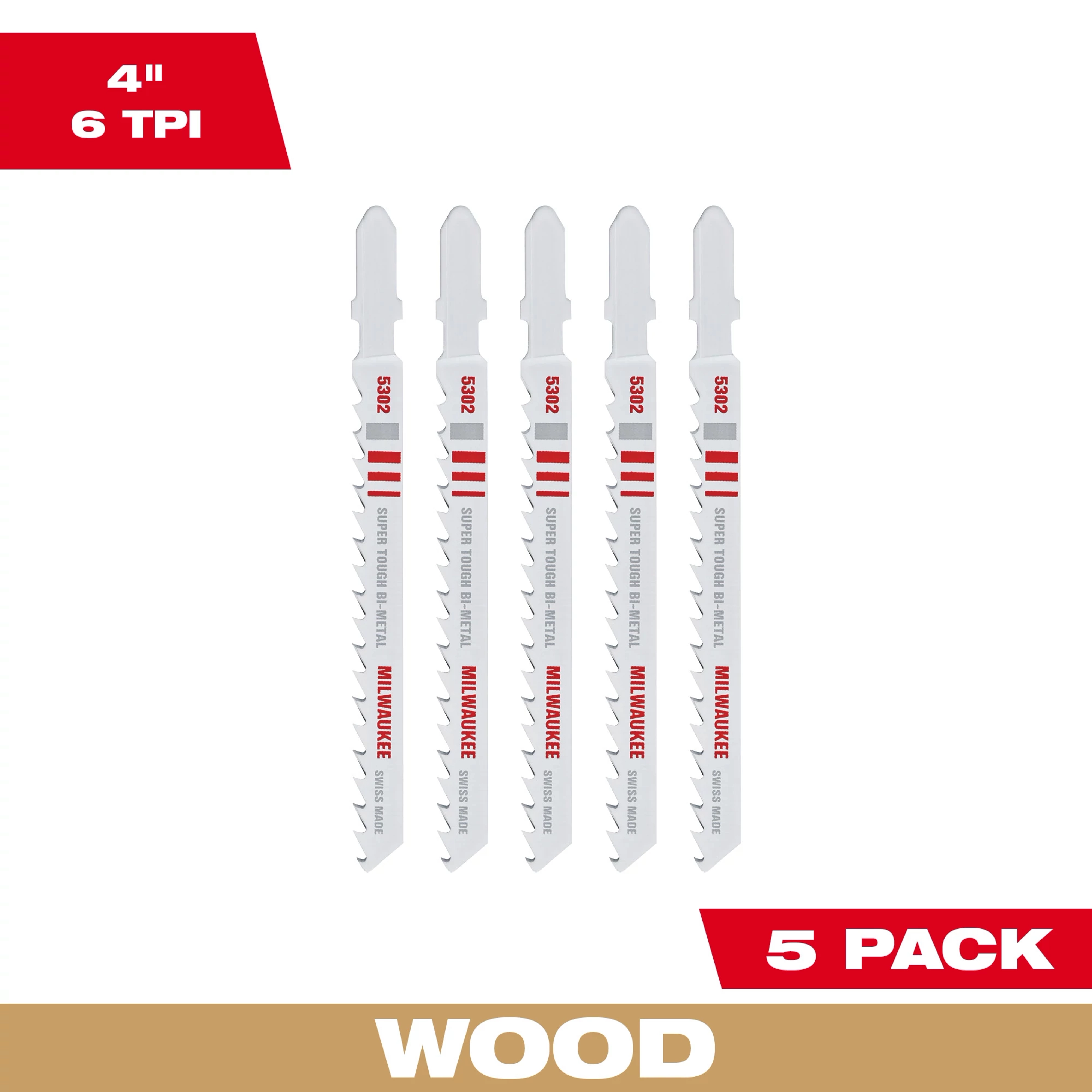 Five 4" 6 TPI T-Shank Wood Bi-Metal Jig Saw Blades in a pack, designed for wood cutting. Pack labeled as 5 pack.
