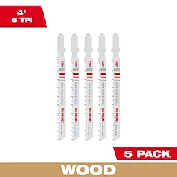 Five 4" 6 TPI T-Shank Wood Bi-Metal Jig Saw Blades in a pack, designed for wood cutting. Pack labeled as 5 pack.