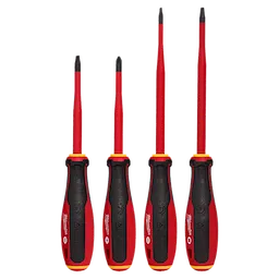 4pc 1000V Insulated Slim Tip Screwdriver Set featuring four red-handled screwdrivers with black tips and ergonomic grips.