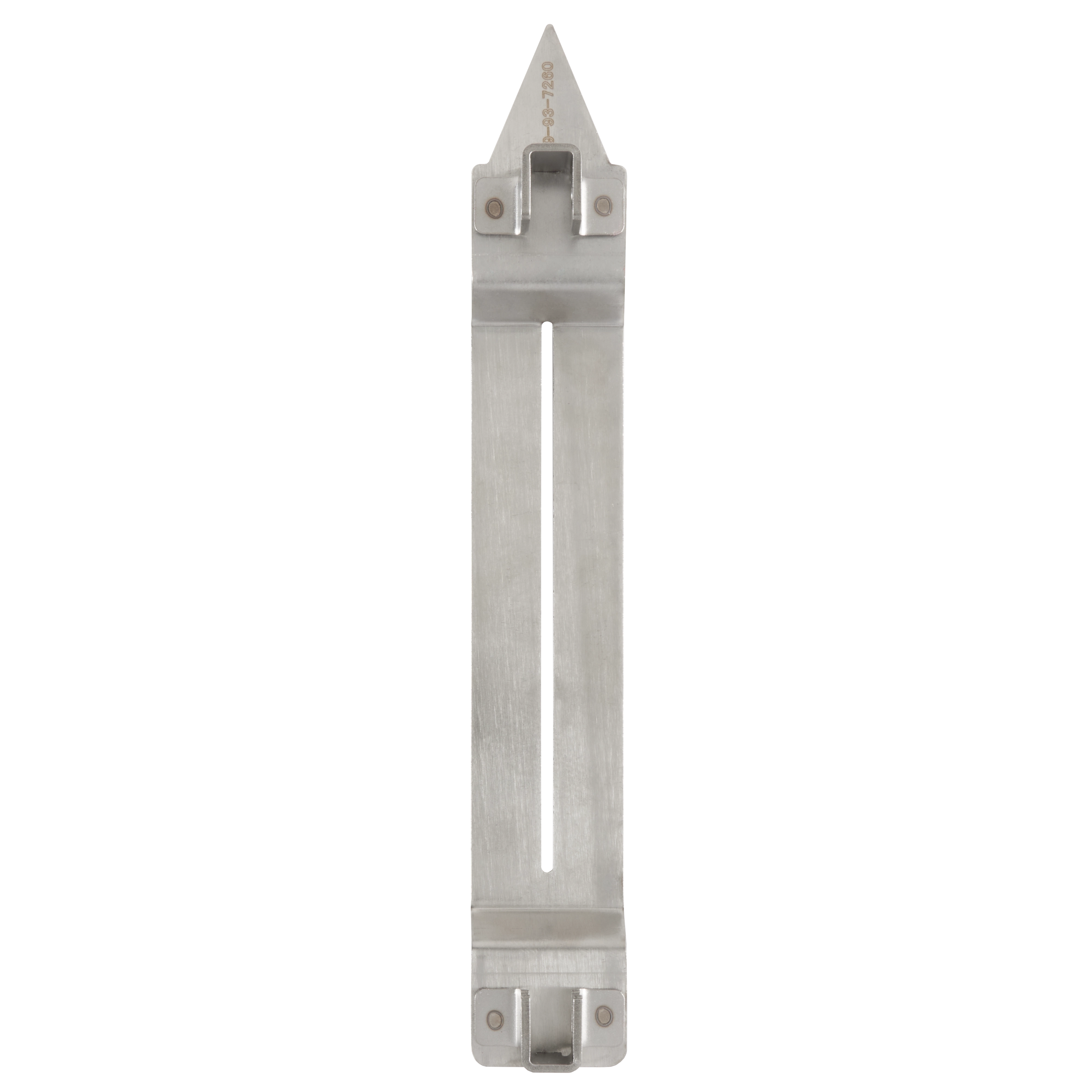 6" Skid Plate made of stainless steel with pointed top, rectangular center slit, and mounting holes at both ends.