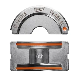 1/0 Aluminum U Style Die for crimping; top view highlights the semi-circular design and bottom view shows rectangular alignment.