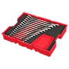 Image of a 15PC Metric Ratcheting Combination Wrench Set with Tray for PACKOUT™ Drawers. The set includes fifteen wrenches neatly arranged in a red tray with a black insert. There is an empty compartment on the right side of the tray for additional storage.