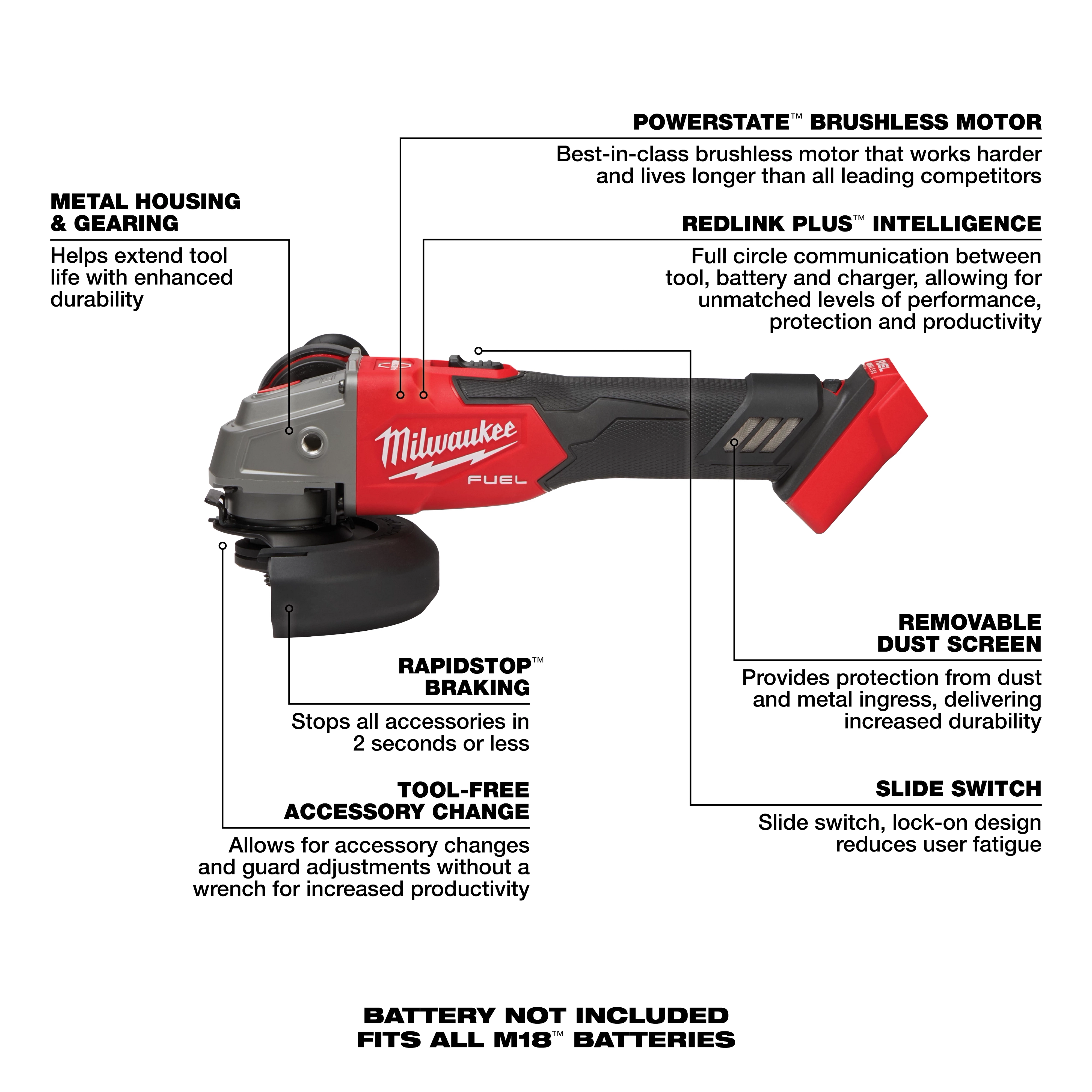 The M18 FUEL™ 4-1/2" / 5" Variable Speed Braking Grinder with Slide Switch Lock-On features a Powerstate™ brushless motor, Redlink Plus™ intelligence, RapidStop™ braking, a tool-free accessory change system, removable dust screen, and metal housing for enhanced durability. Battery not included; fits all M18™ batteries.