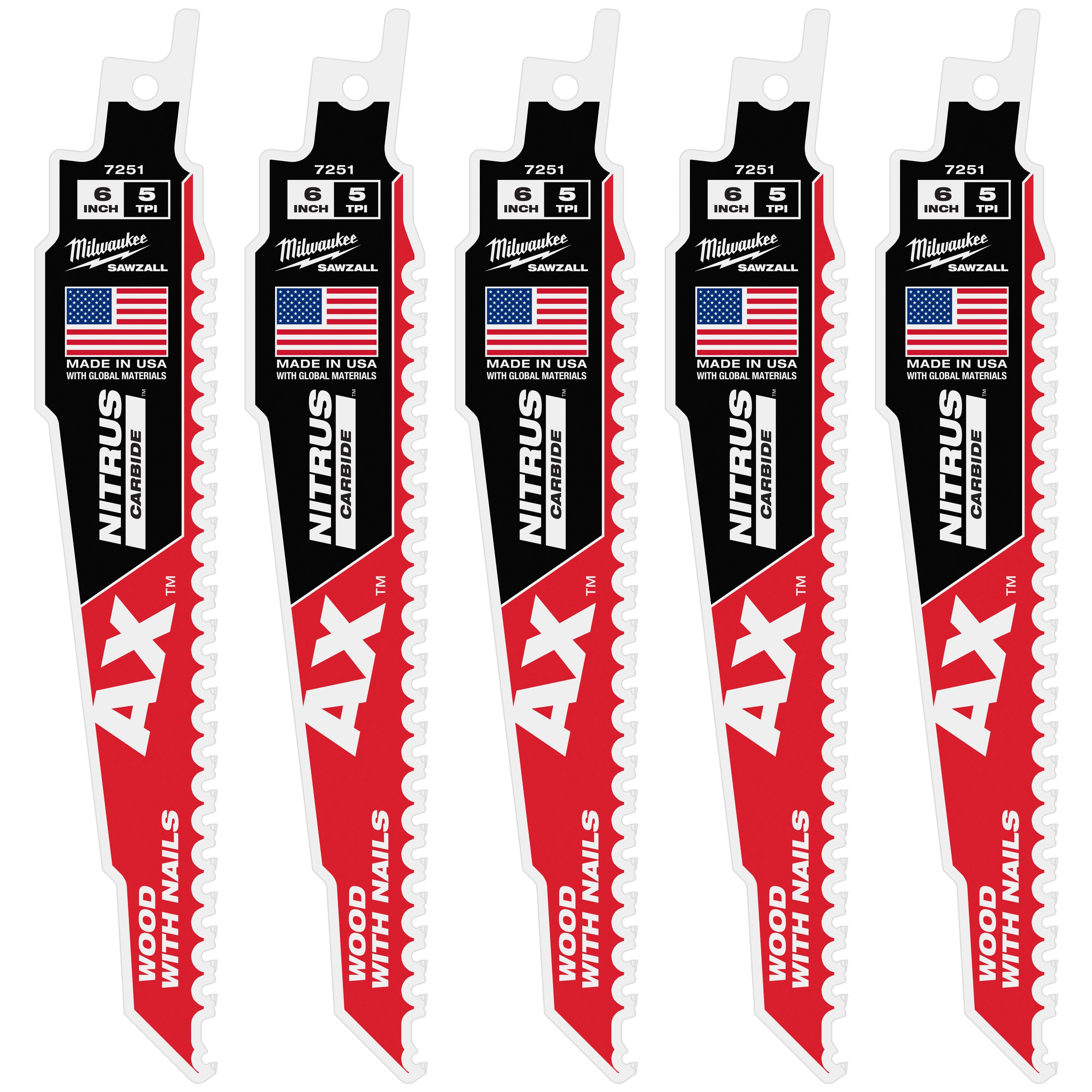 Five Milwaukee 6" 5 TPI AX™ SAWZALL® blades with NITRUS™ carbide teeth for cutting wood with nails, displayed vertically side by side. Each blade is red and white, featuring the American flag and labeled "Made in USA."