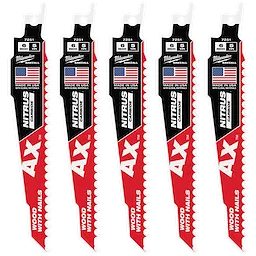 Five Milwaukee 6" 5 TPI AX™ SAWZALL® blades with NITRUS™ carbide teeth for cutting wood with nails, displayed vertically side by side. Each blade is red and white, featuring the American flag and labeled "Made in USA."