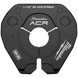 The 1-1/8" Streamline® ACR Pivoting Press Ring by Milwaukee is a black, circular tool with "Streamline ACR" and "Milwaukee" logo print, designed for press fittings.
