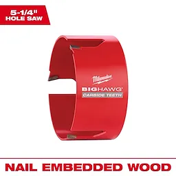 5-1/4" BIG HAWG hole saw with Carbide Teeth, red in color, designed for cutting nail-embedded wood.