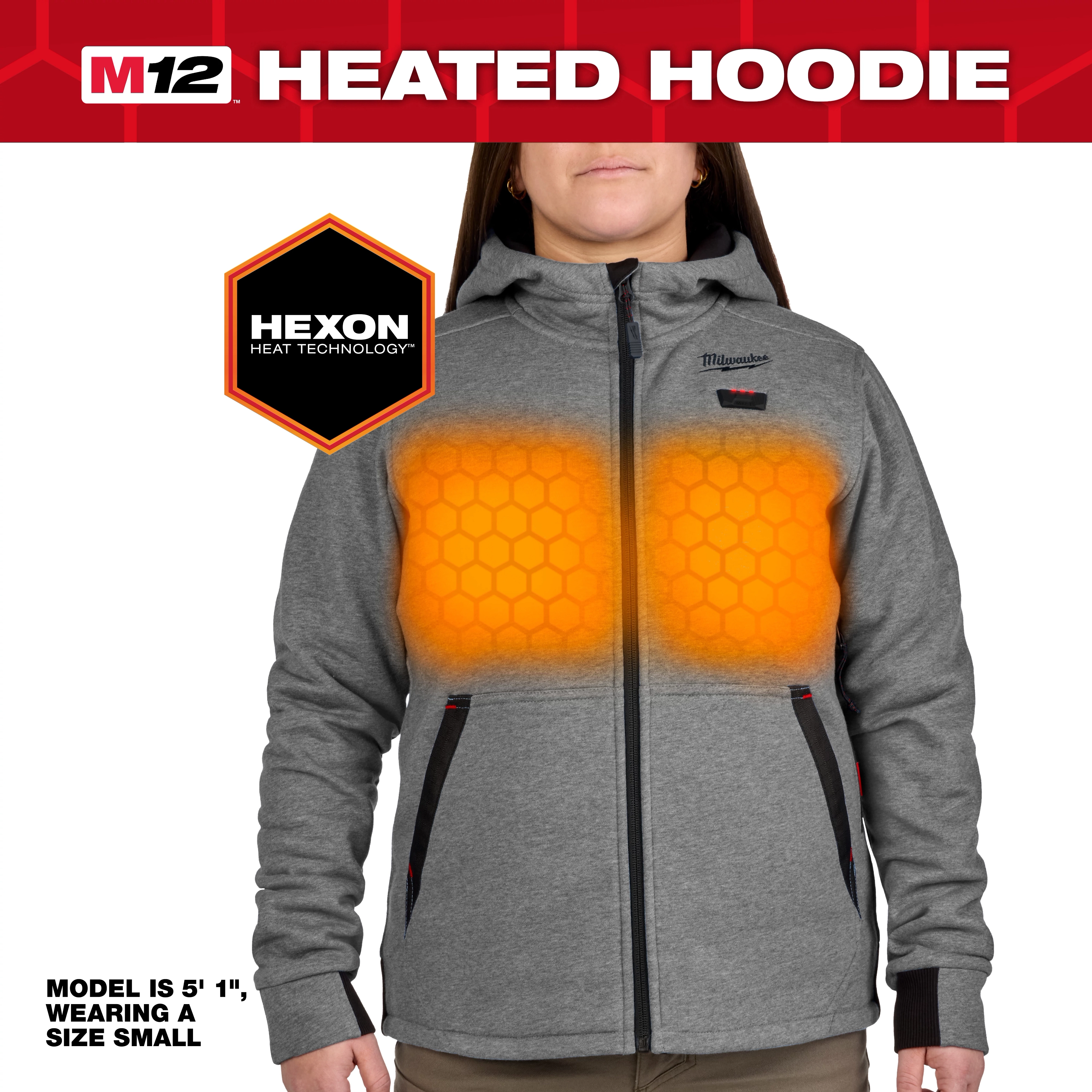 The M12™ Heated Hoodie, shown in size small on a 5'1" model, is made of gray fabric and features embedded Hexon heat technology. The hoodie has a zipper and pockets outlined in black and red details, and the Milwaukee logo on the chest.