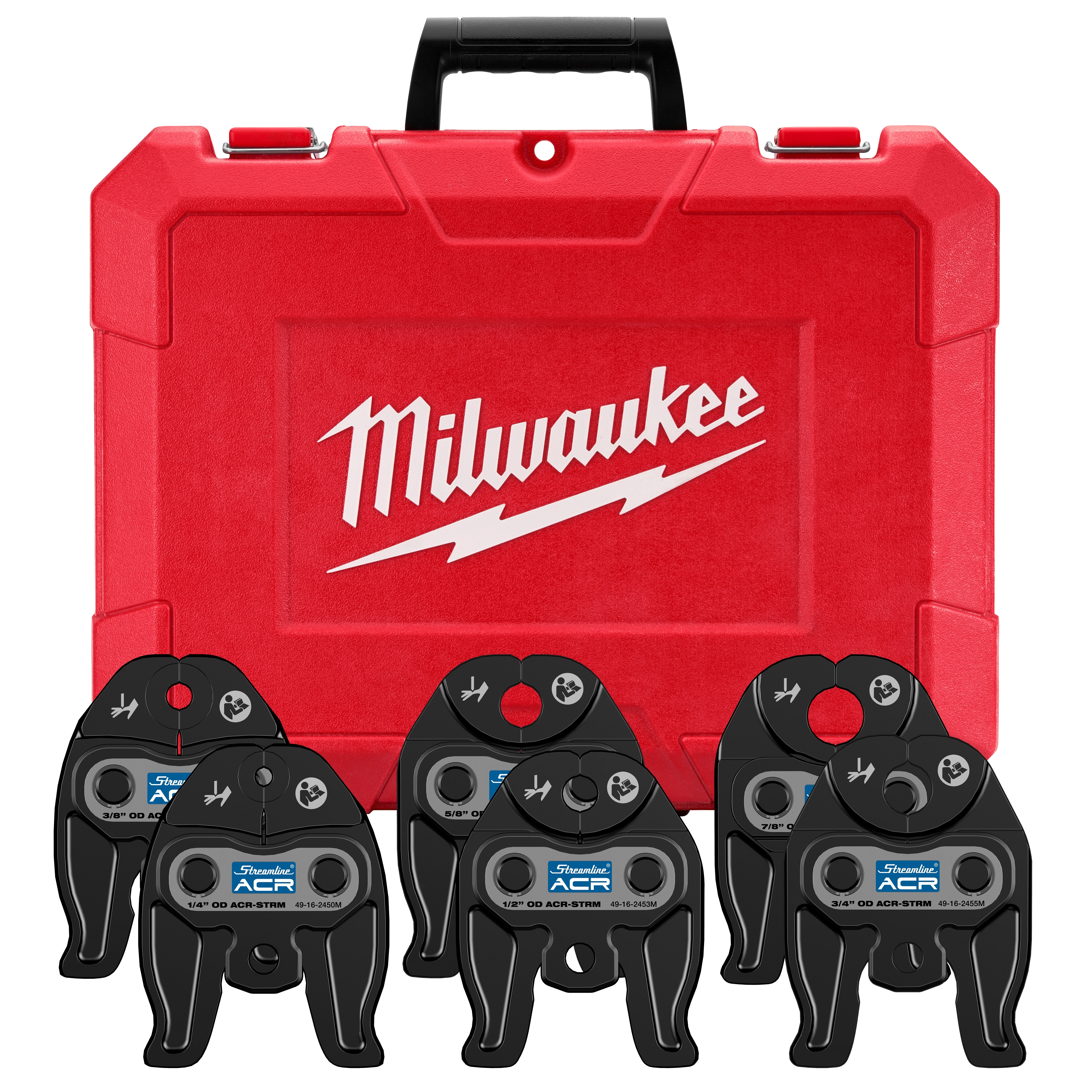 1/4" - 7/8" Streamline ACR Press Jaw Kit for M12 FORCE LOGIC Press Tool displayed in front of a red Milwaukee branded case. Five press jaws shown.