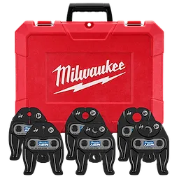 1/4" - 7/8" Streamline ACR Press Jaw Kit for M12 FORCE LOGIC Press Tool displayed in front of a red Milwaukee branded case. Five press jaws shown.