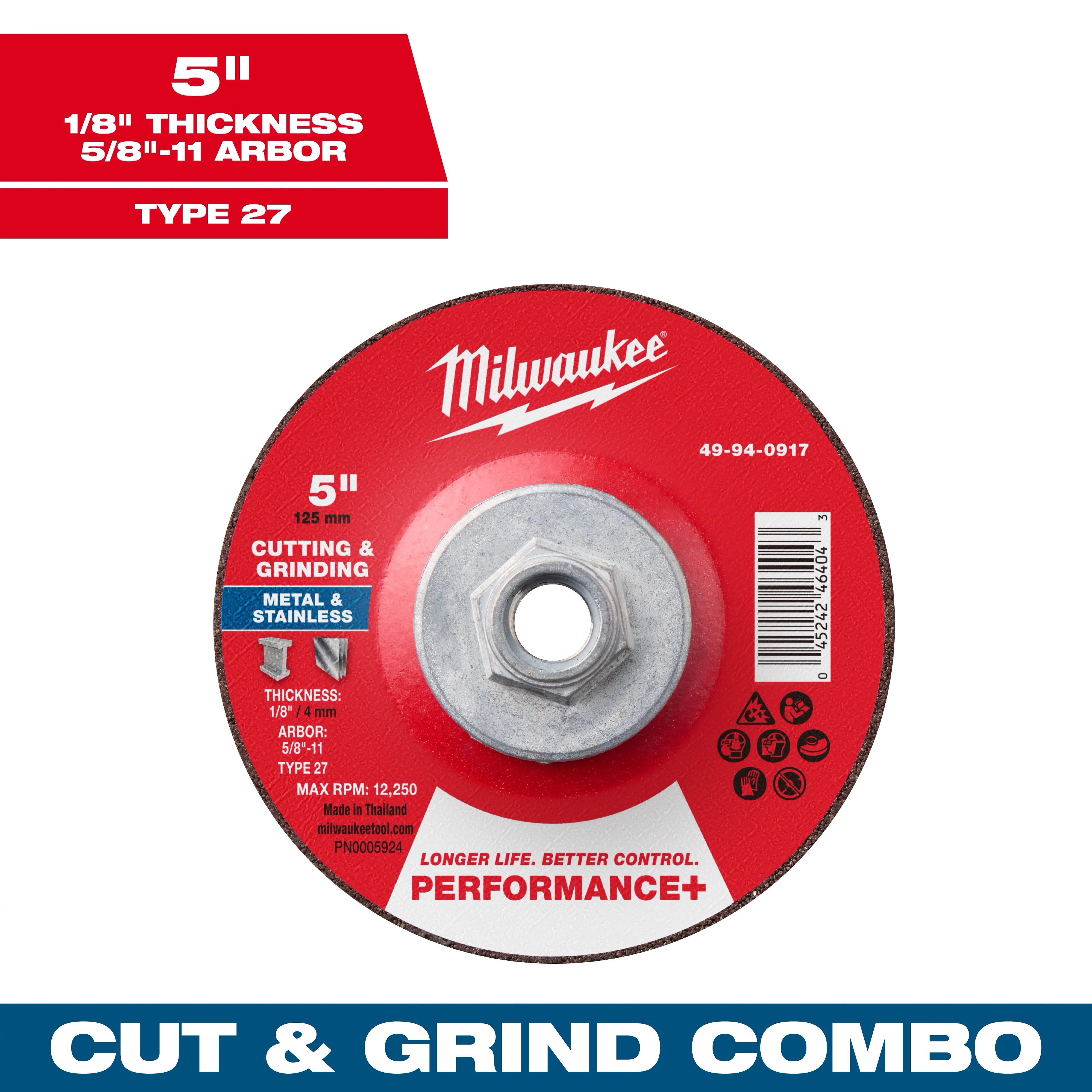 5" x 1/8" x 5/8"-11 Performance+ Dual Metal Cut & Grind Wheel (Type 27), designed for metal and stainless cutting and grinding.