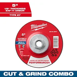 5" x 1/8" x 5/8"-11 Performance+ Dual Metal Cut & Grind Wheel (Type 27), designed for metal and stainless cutting and grinding.