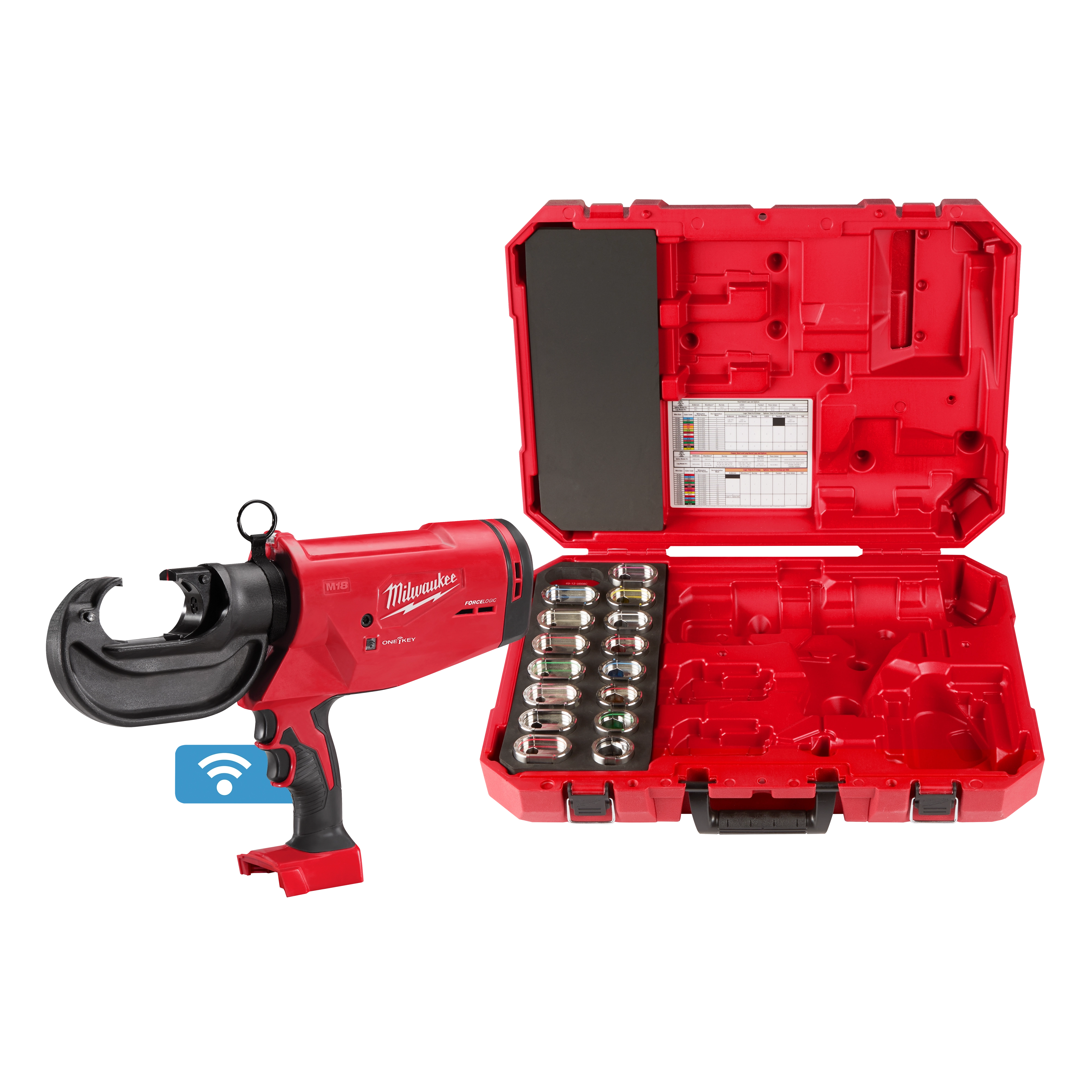 The M18™ 750 MCM Crimper w/ #6 - 750 MCM Cu Dies is shown next to its red storage case. The handheld crimper features a curved, black jaw and a red body. The open case displays crimper dies organized along one side, with compartments and documentation on the other side.