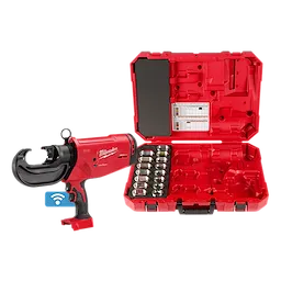 The M18™ 750 MCM Crimper w/ #6 - 750 MCM Cu Dies is shown next to its red storage case. The handheld crimper features a curved, black jaw and a red body. The open case displays crimper dies organized along one side, with compartments and documentation on the other side.