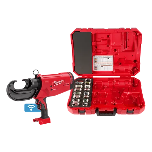 The M18™ 750 MCM Crimper w/ #6 - 750 MCM Cu Dies is shown next to its red storage case. The handheld crimper features a curved, black jaw and a red body. The open case displays crimper dies organized along one side, with compartments and documentation on the other side.