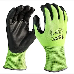 Hi Vis Cut Gloves are neon green with black palms and fingers. The back of the glove displays safety information and a company logo.