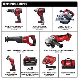 The M18 6-Tool Combo Kit includes a hammer drill/driver, hex impact driver, circular saw, Sawzall recip saw, cut-off grinder, LED work light, two batteries, charger, and contractor bag.