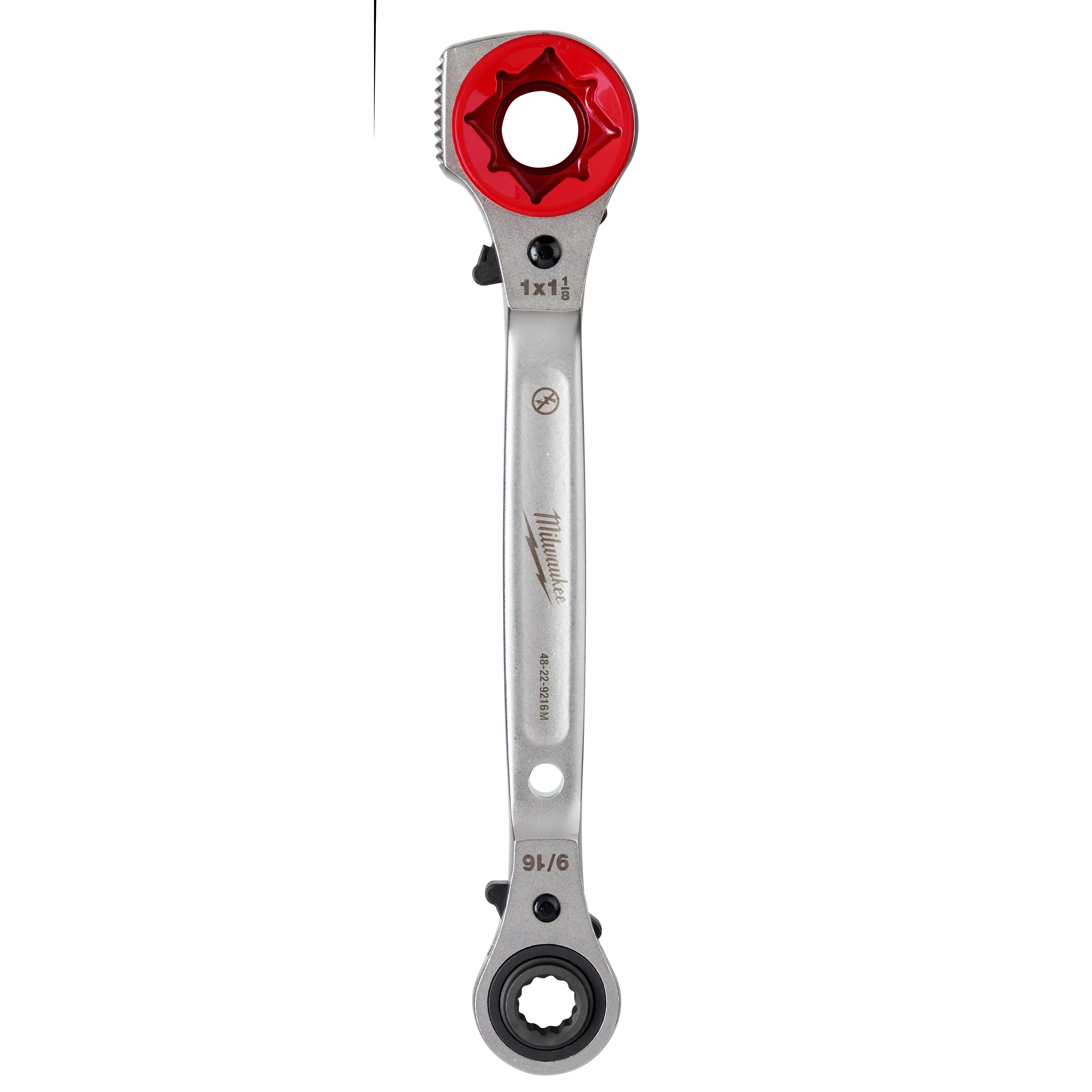 Lineman's 5IN1 Ratcheting Wrench with Milled Strike Face, silver with black and red accents, featuring two different wrench sizes.