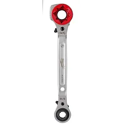 Lineman's 5IN1 Ratcheting Wrench with Milled Strike Face, silver with black and red accents, featuring two different wrench sizes.