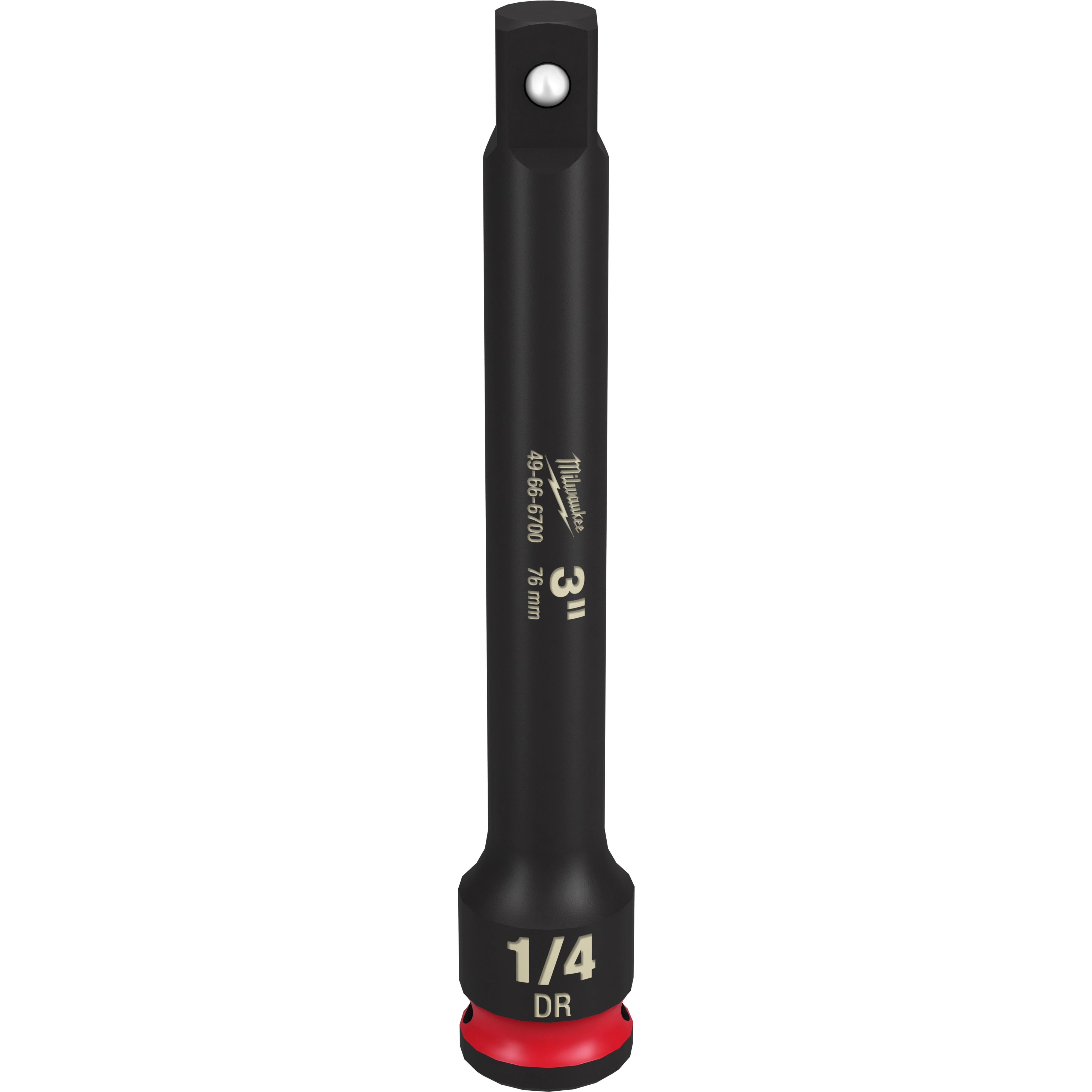 The image depicts a 1/4" DR 3" IMPACT EXTENSION. It is a black tool with "1/4" DR" and "3" 76mm" printed on it.