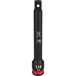 The image depicts a 1/4" DR 3" IMPACT EXTENSION. It is a black tool with "1/4" DR" and "3" 76mm" printed on it.