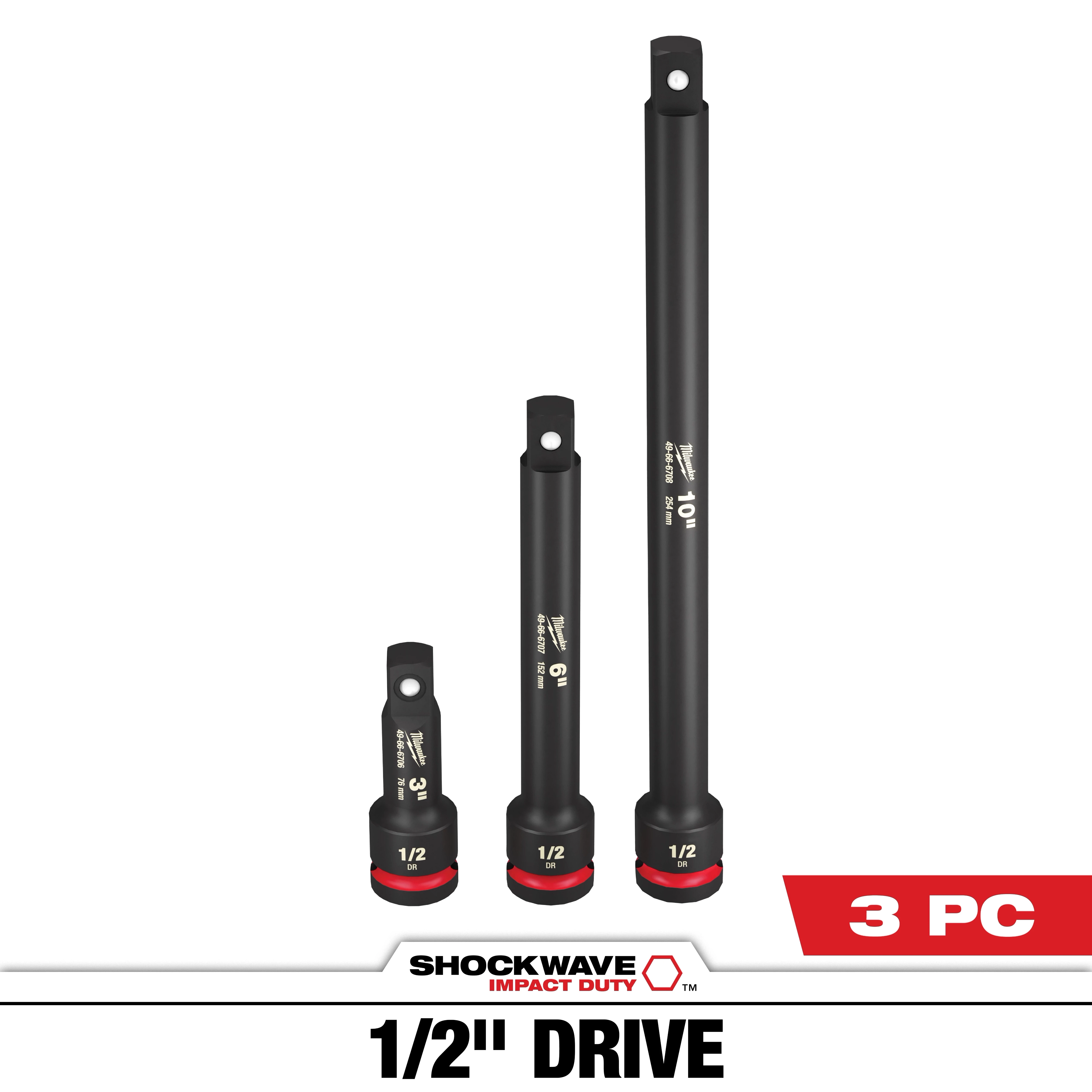 SHOCKWAVE Impact Duty 1/2 in. Drive Socket Extension Set includes three pieces: extensions in 3-inch, 6-inch, and 10-inch lengths. They are black with red accents and marked with the Milwaukee logo, designed for heavy-duty impact applications. The set is marketed in bold text at the bottom.