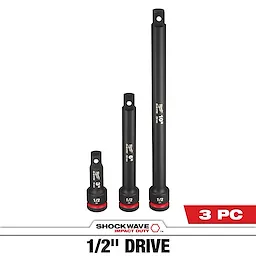 SHOCKWAVE Impact Duty 1/2 in. Drive Socket Extension Set includes three pieces: extensions in 3-inch, 6-inch, and 10-inch lengths. They are black with red accents and marked with the Milwaukee logo, designed for heavy-duty impact applications. The set is marketed in bold text at the bottom.