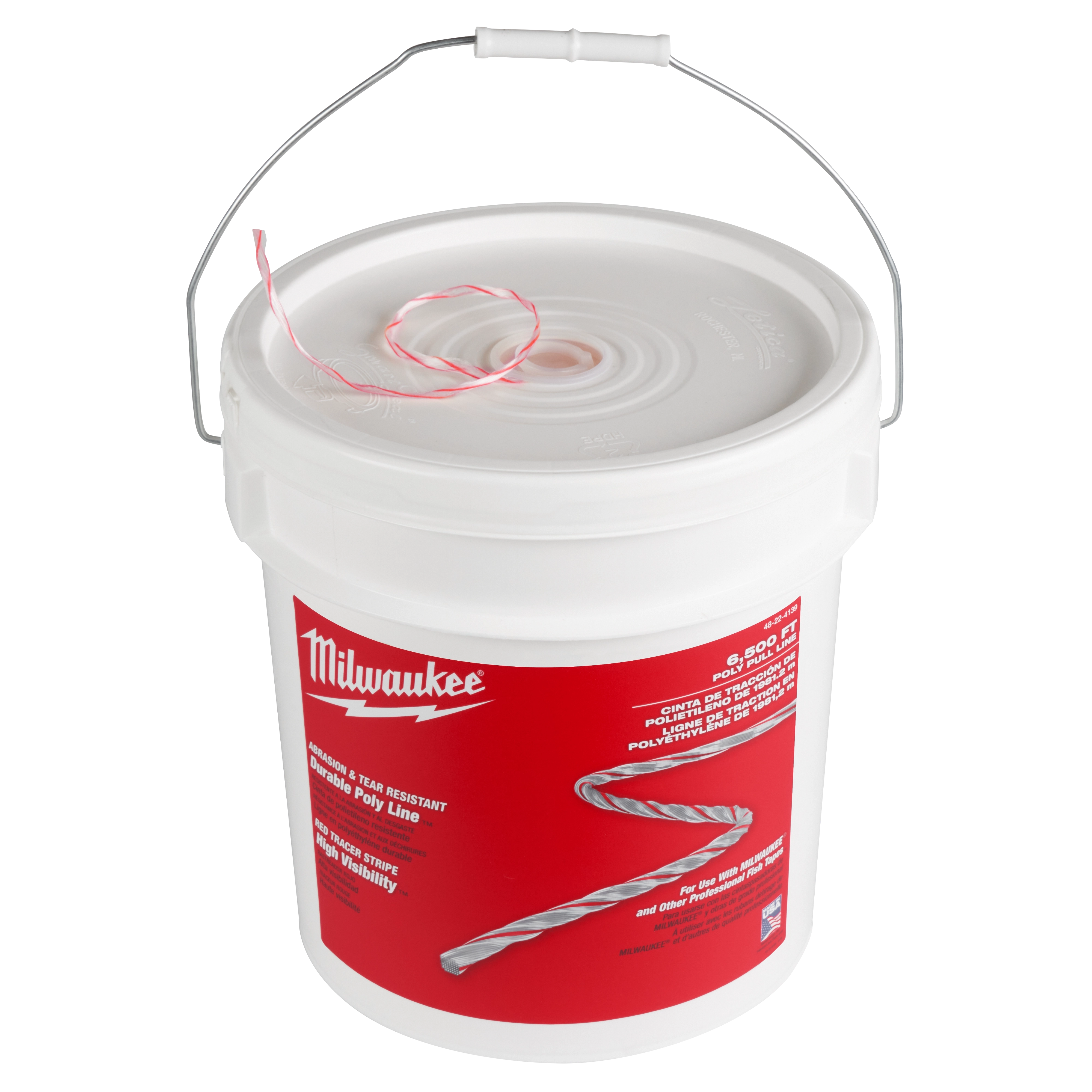 6500%27 Poly Pull Line in a white plastic bucket with a handle and red label, featuring a durable and high-visibility poly line.