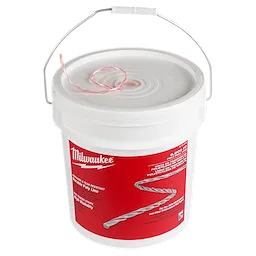 6500%27 Poly Pull Line in a white plastic bucket with a handle and red label, featuring a durable and high-visibility poly line.