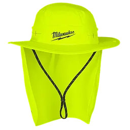 The WORKSKIN™ Sunshade Hat is a bright yellow, wide-brim hat with a neck shade and a black adjustable chin strap. The hat features the Milwaukee logo on the front.