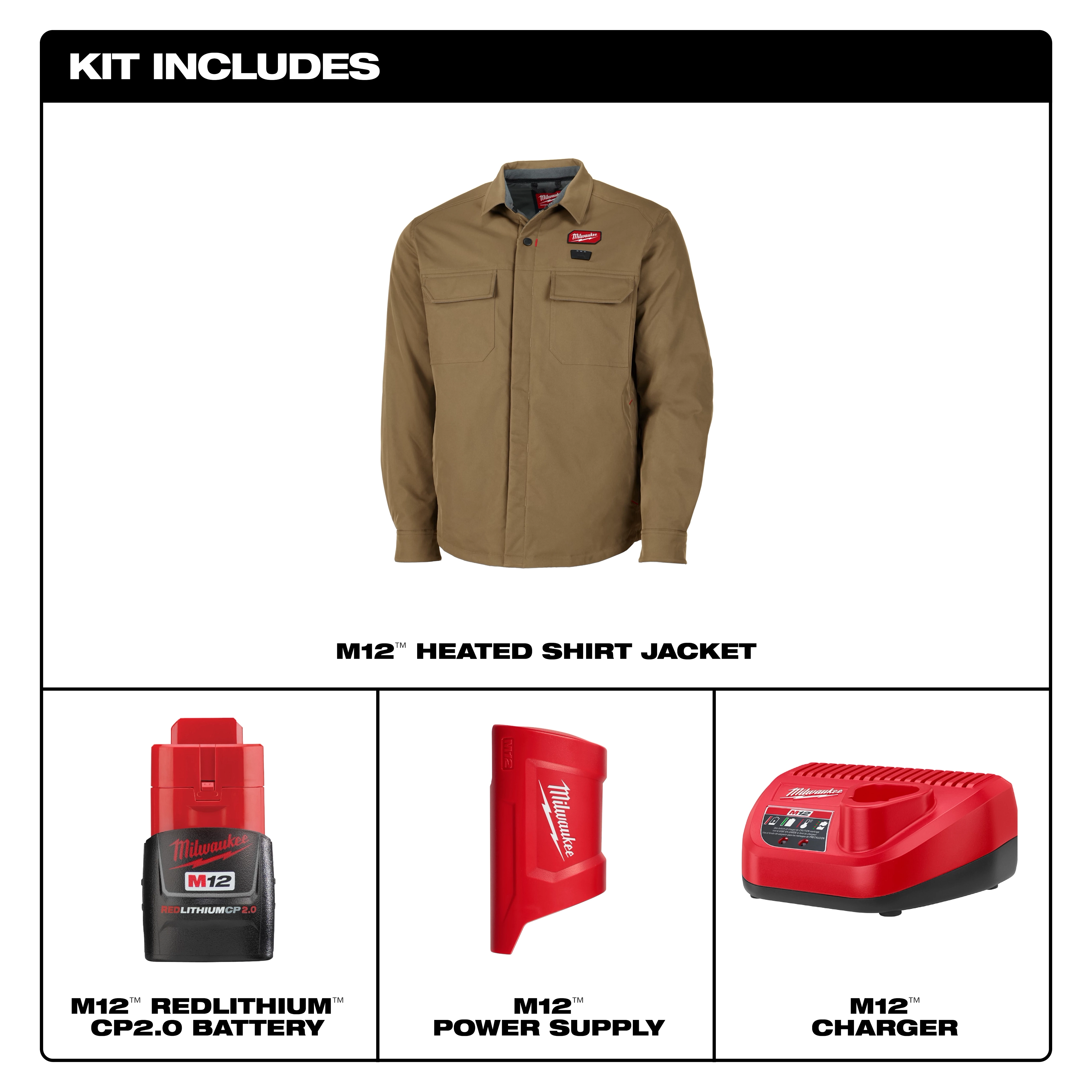 M12 Shirt Jacket - Khaki 2X, 3X, L, M, S, XL shown with red battery, power supply, and charger in a kit layout