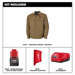 M12 Shirt Jacket - Khaki 2X, 3X, L, M, S, XL shown with red battery, power supply, and charger in a kit layout