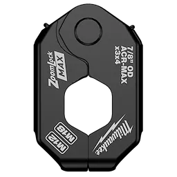The 7/8" ZoomLock MAX® & MaxiPro® Pivoting Press Ring is a black tool attachment designed for joining pipes. It features the brand name and technical specifications in white text.