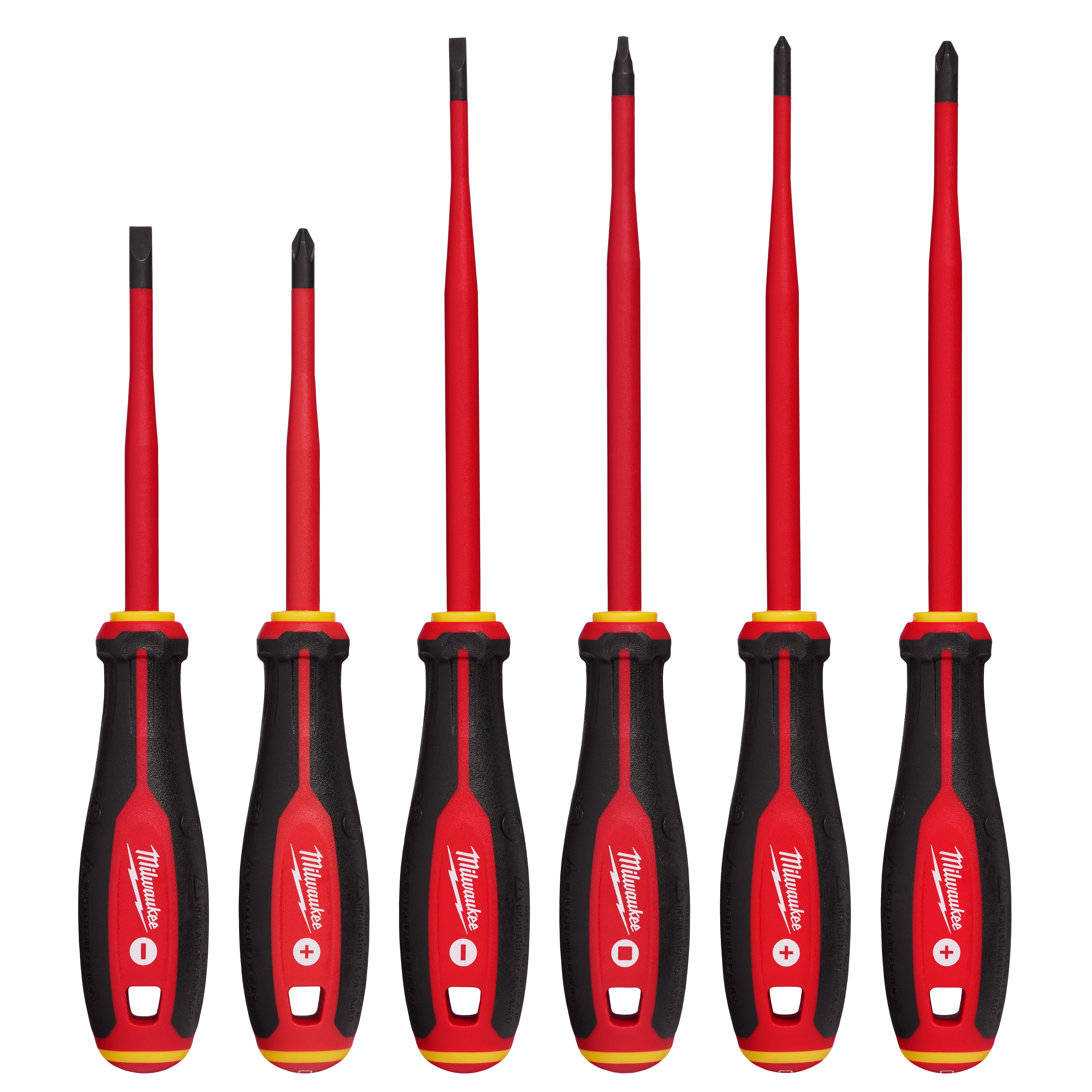 6pc 1000V Insulated Slim Tip Screwdriver Set with black and red handles. Set includes six screwdrivers in various sizes.
