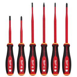 6pc 1000V Insulated Slim Tip Screwdriver Set with black and red handles. Set includes six screwdrivers in various sizes.