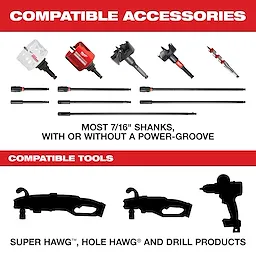 Milwaukee drill accessories and compatible tools including various drill bits and shafts are displayed. These accessories fit most 7/16" shanks, with or without a power-groove, and are compatible with Super Hawg, Hole Hawg, and other drill products.