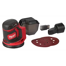 Milwaukee M18 Random Orbit Sander with attachments, including dust canister, adapter, and sanding discs, displayed on a white background.