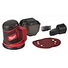 Milwaukee M18 Random Orbit Sander with attachments, including dust canister, adapter, and sanding discs, displayed on a white background.