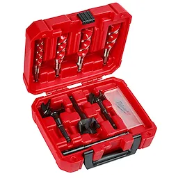 Plumbers' Selfeed Bit Kit (7 PC) in a red case with various drill bits and accessories arranged neatly within designated compartments.