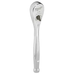 A silver Milwaukee 1/4-inch drive ratchet with a streamlined handle and rounded head. The model number "48-22-9014" and brand name "Milwaukee" are engraved on the head. The ratchet has a direction switch above the handle.