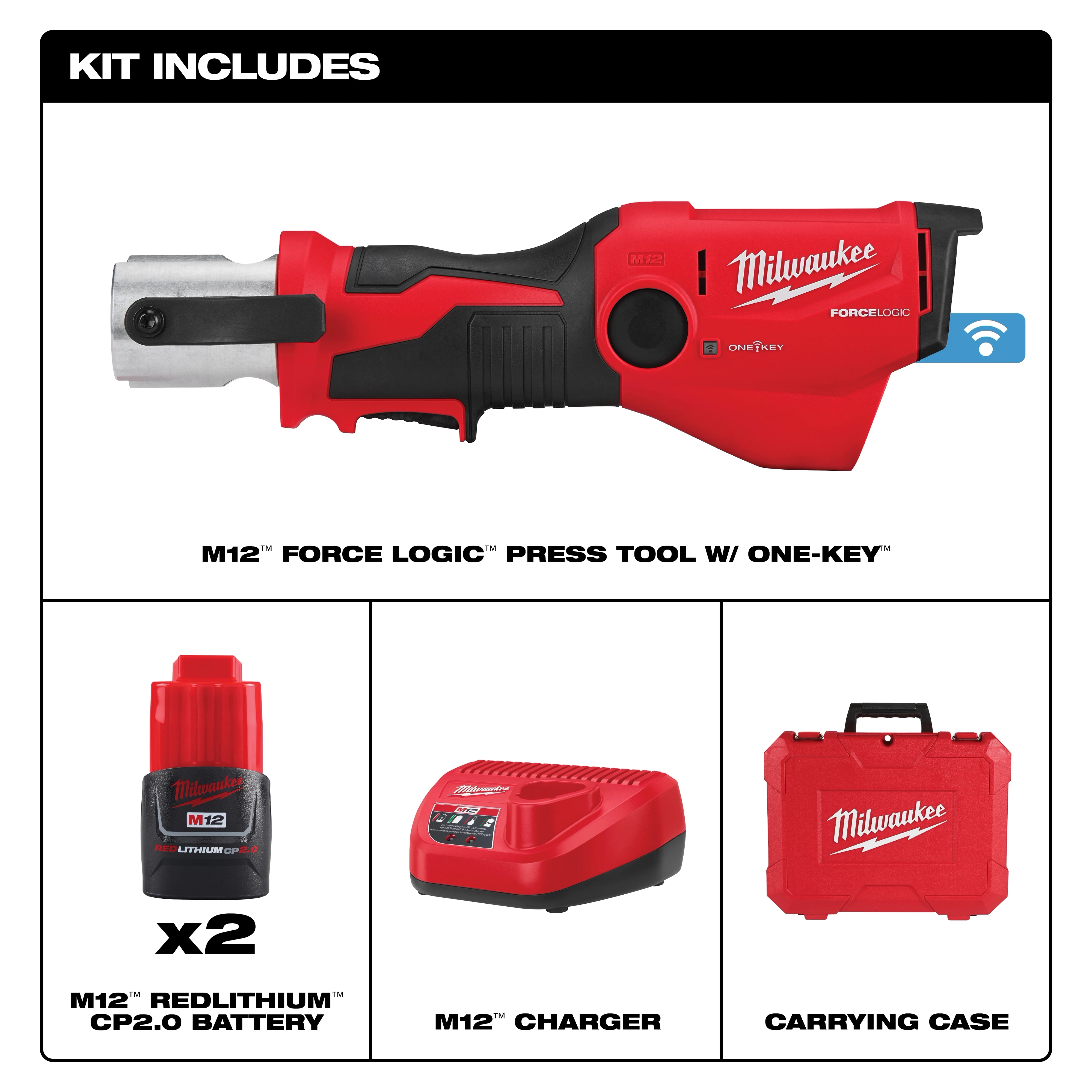 Milwaukee M12 FORCE LOGIC Press Tool Kit with ONE-KEY includes the press tool, two M12 REDLITHIUM CP2.0 batteries, charger, and carrying case.