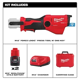 Milwaukee M12 FORCE LOGIC Press Tool Kit with ONE-KEY includes the press tool, two M12 REDLITHIUM CP2.0 batteries, charger, and carrying case.