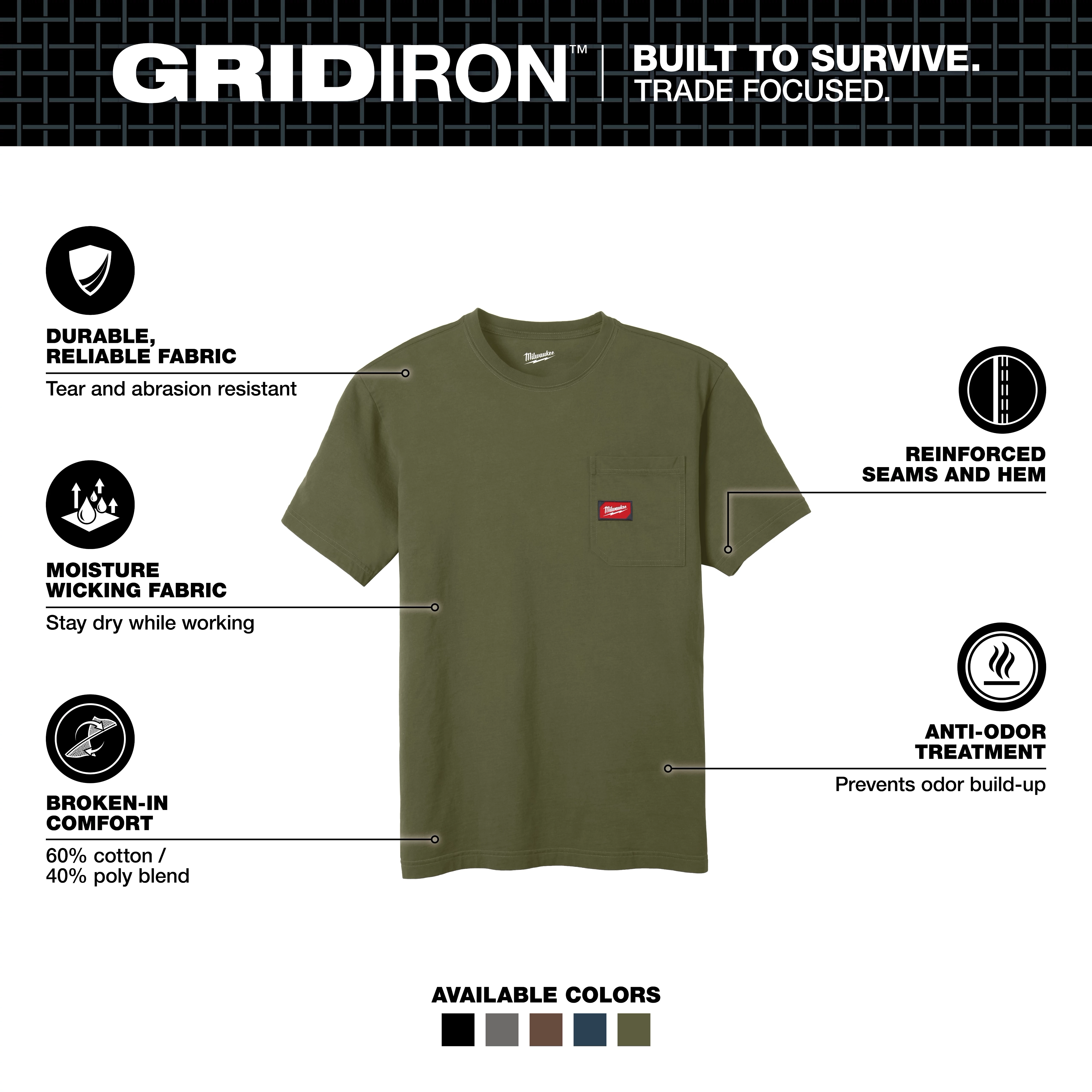 GRIDIRON Pocket T-Shirt - Short Sleeve in olive green, with features including durable fabric, moisture-wicking, reinforced seams, and anti-odor treatment.