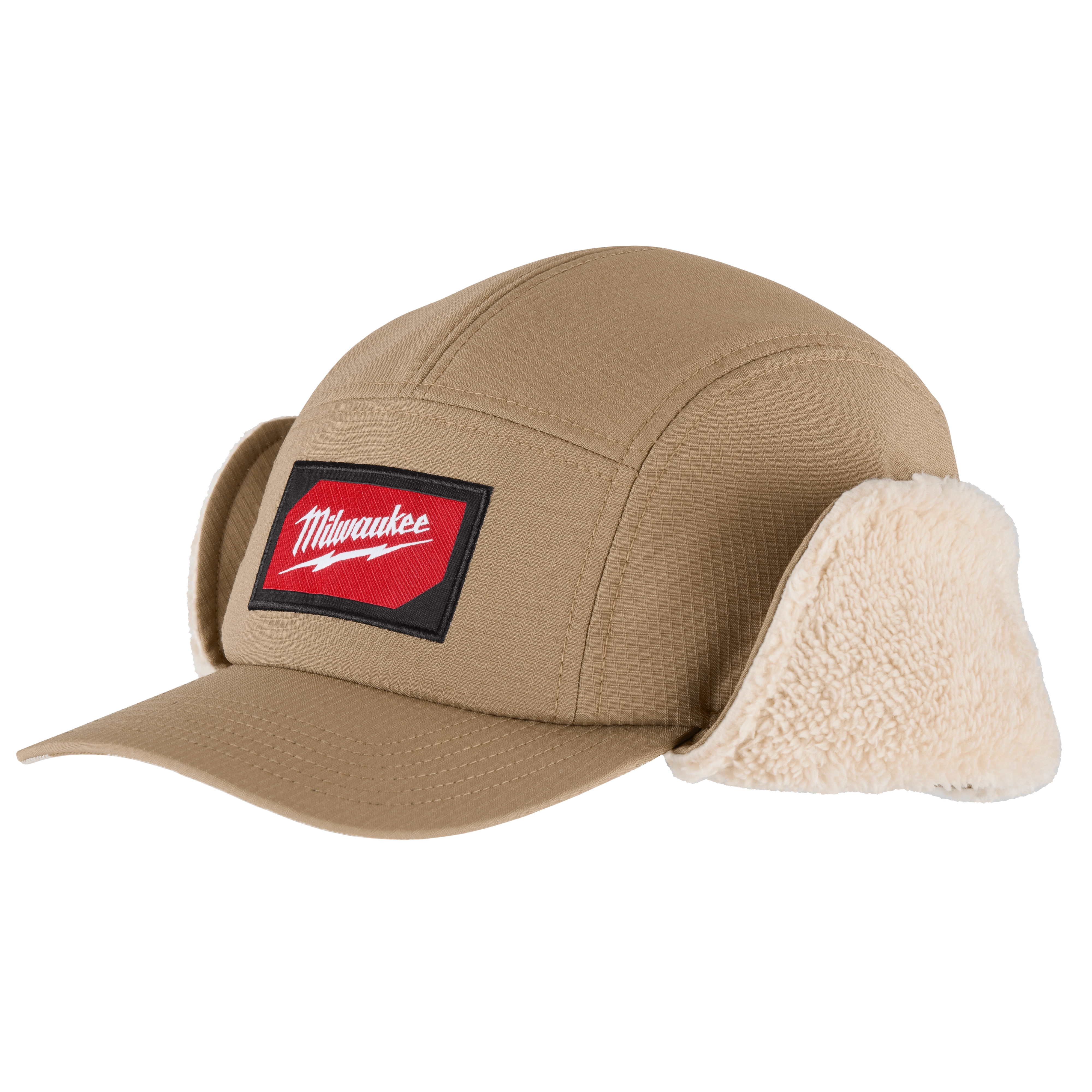 Sherpa-Lined Hat in tan with a red patch on the front. Features adjustable ear flaps lined with sherpa material.