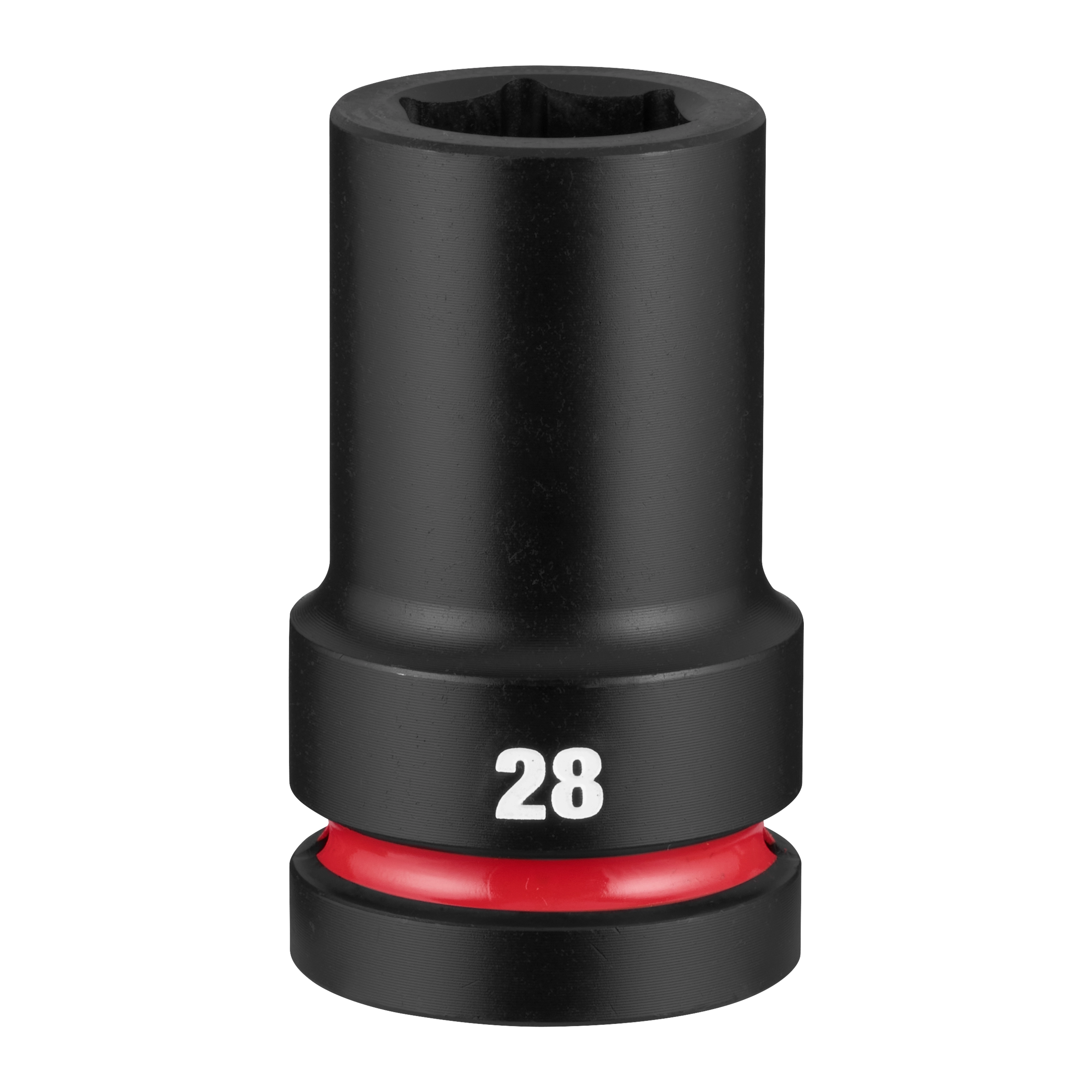 SHOCKWAVE Impact Duty 1" Drive 28mm Deep 6 Point Socket standing upright with 28 marking and red ring near base.