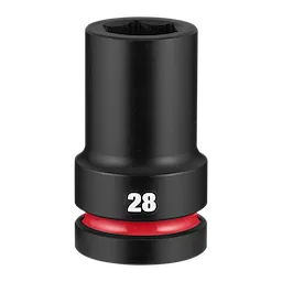 SHOCKWAVE Impact Duty 1" Drive 28mm Deep 6 Point Socket standing upright with 28 marking and red ring near base.