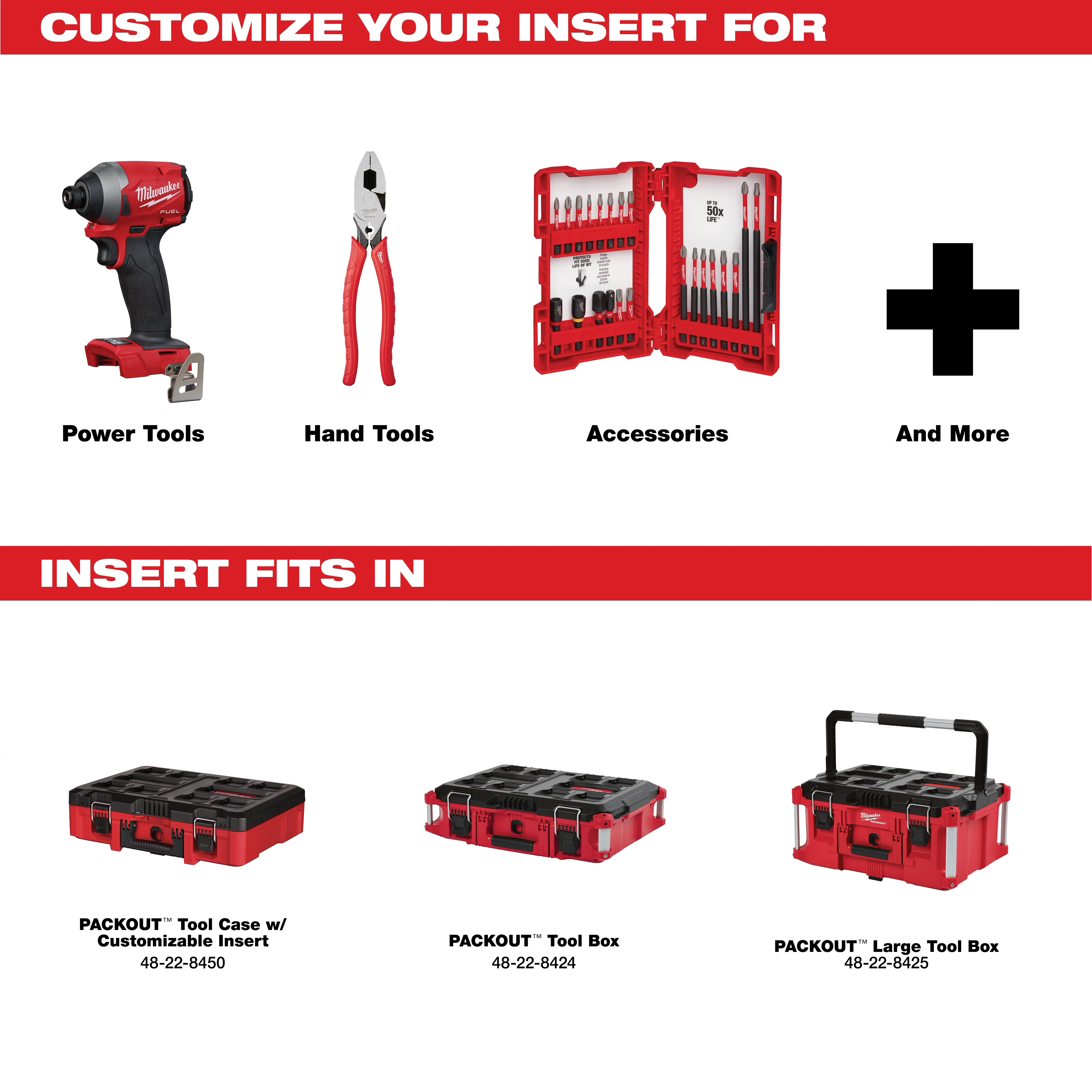 Compatible tool boxes for regular foam insert are customizable for power tools, hand tools, and accessories, fitting specific PACKOUT models.