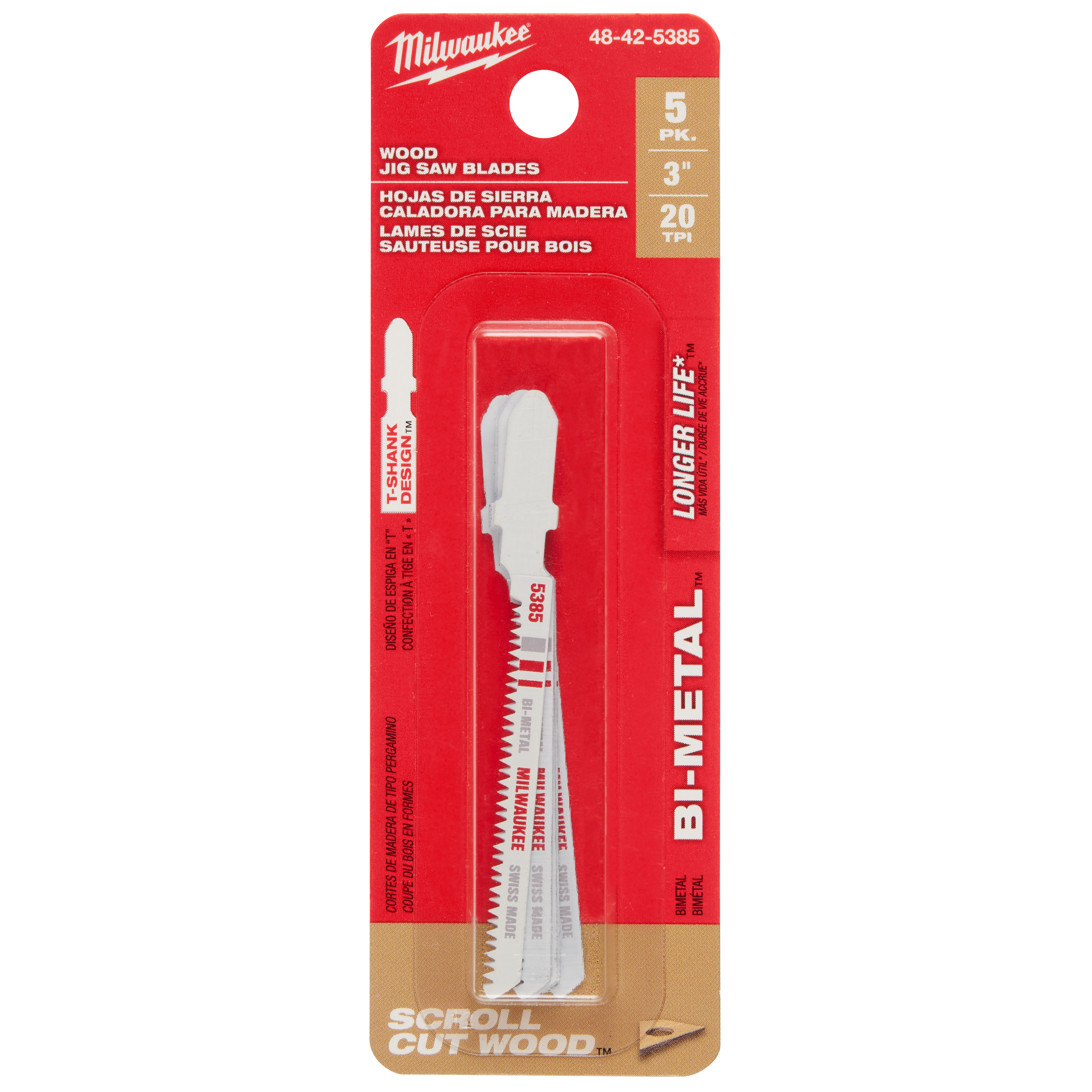 3" 20TPI T-Shank Wood Bi-Metal Jig Saw Blades 5PK in red and yellow packaging, designed for longer life and wood cutting.