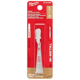 3" 20TPI T-Shank Wood Bi-Metal Jig Saw Blades 5PK in red and yellow packaging, designed for longer life and wood cutting.